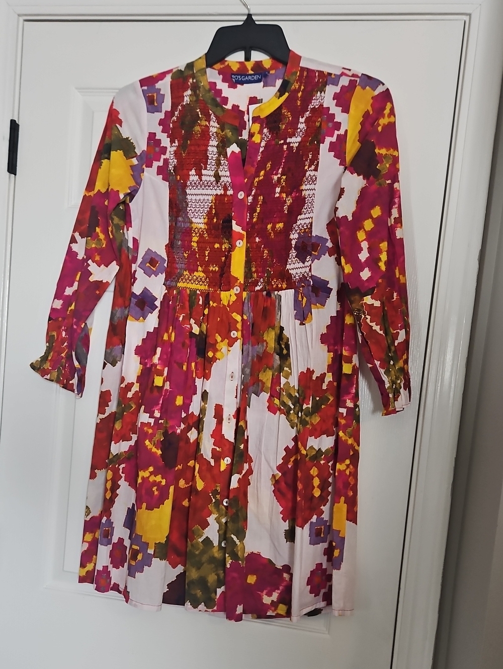 RO'S GARDEN Long Sleeve Button Front Shirt Dress: Pink Multi Color Floral: Small